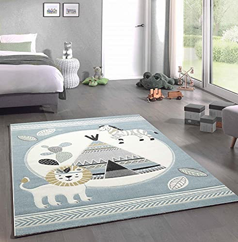 CARPETIA Spielteppich Kinderzimmer Löwe Indianer Zelt Kaktus Zebra grau blau Creme Größe 140x200 cm