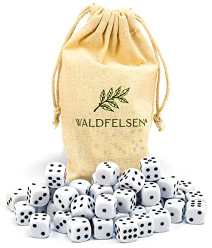 Waldfelsen® Högkvalitativa tärningar, 6, 12, 20, 30 eller 50 stycken, i standardstorlek: 16 mm, 6-sidiga akryltärningar, speltillbehör, i set med tygpåse (vit, 50 stycken)