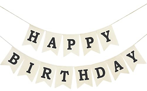 Burlap Happy Birthday Banner, Assembled Reusable Black Happy Birthday Sign for Rustic Birthday Party Decorations