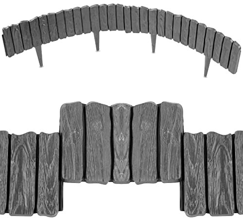 Anthracite Grey Lawn Edging Border - 2.26 m / 7.4 ft Long Garden Palisade with Wood Bark Effect - Fencing with Ground Stakes - Perfect for Flower Beds, Lawn, Patio, Pavement