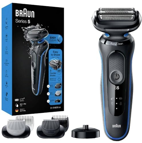 Braun Series 5 Afeitadora Eléctrica Hombre, Cortapelos, hombre, Máquina de Afeitar Barba con 2 Accessorios EasyClick, Base De Carga, 51-B4650cs, Azul