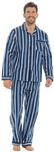 GM Apparel Ensemble de pyjama traditionnel en flanelle brossée pour homme – PJ Lounge Wear – Vêtement de nuit – Toucher doux et confortable – 100 % coton, Bleu marine à rayures, L