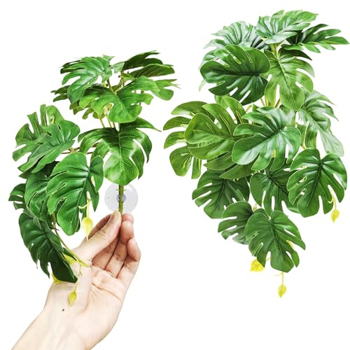 Woyrise 2Pack Reptile Plants, Terrarium Hanging Plant Vines, Artificial Leaves with Suction Cup, Bearded Dragon Tank Accessories for Gecko Lizard Snake Frog Tortoise Decorations -Monstera