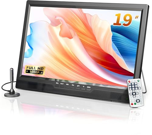 Desobry TV portátil de 19 Pulgadas, TV pequeña 1080P con Antena, Mini TV batería incorporada y Soporte, sintonizador Digital DVB-T2, Entrada USB HDMI AV, TV 12v para Cocina, RV, RV, Dormitorio