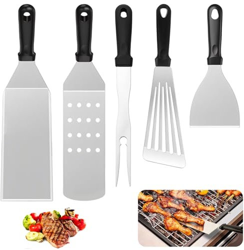 Pizsieat 5 pezzi Utensili Barbecue,Spatola Plancha Inox Set Barbecue Spatola per Grill lavabile in lavastoviglie per Plancha e Teppanyaki - per Natale, Compleanno, Regalo di papà Ideale per
