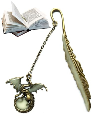 BARRU 1 Stück Leuchtende Metall Feder Lesezeichen- Vintage leuchtet im Einzigartiges Glow in the Dark Lesezeichen Geschenk 3D fliegender Drache Anhänger für Schule Büro Schreibwaren (Silberne Drache)