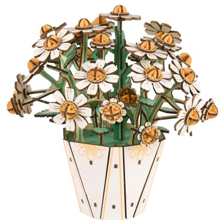 Comfoyar 3D Puzzle Wooden Flower, Artificial Flowers Model Kits for Adults to Build, DIY Construction Craft Kits, Home Decor and Birthday Valentine for Women, White Crystal Daisy