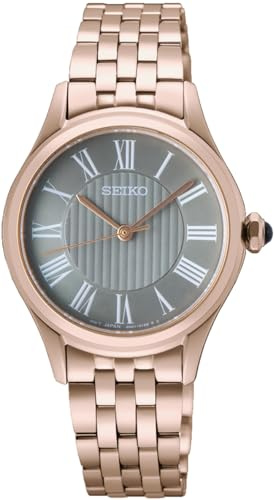 Seiko Klassik Armbanduhr für Damen in der Farbe Roségold mit Armband aus Edelstahl, Wasserdichtigkeit: 5 bar, Gehäusedurchmesser: 29,6 mm, SUR614P1