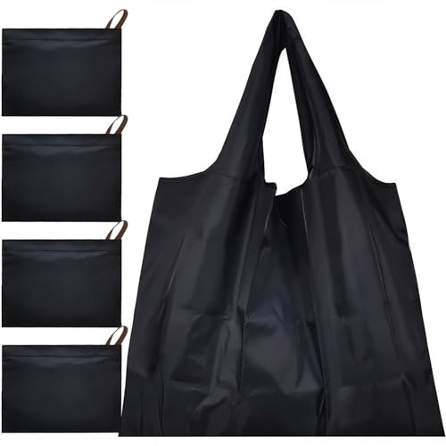 COONE 4-pack hopfällbara shoppingväskor, stora återanvändbara livsmedelsväskor med handtag, vattentålig nylon shoppingkasse för stormarknad, strand, picknick, matleverans (50 x 48 cm, svart)