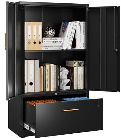 Aobabo Metall -Speicherschrank mit 1 Schublade, Black Metal -Aktenschrank mit abschließbaren Türen und Schubladen für Home Office, Hangdateien Brief/Rechtsgröße, Schwarz