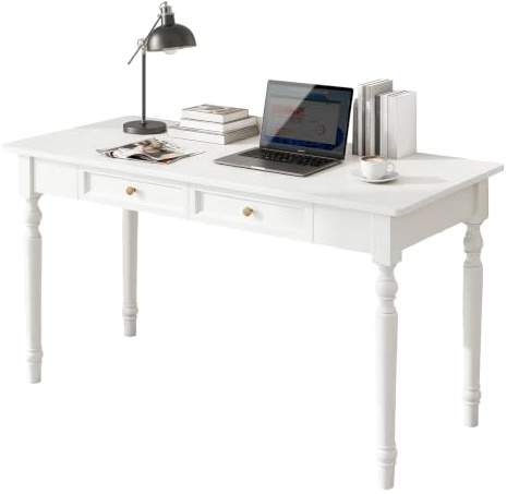BaoBaJiu Schreibtisch Massivholz Landhausstil 120x60 cm Weiß, großer Profi Computertisch für Dual Monitor mit Massivholz Schubladen wackelfrei