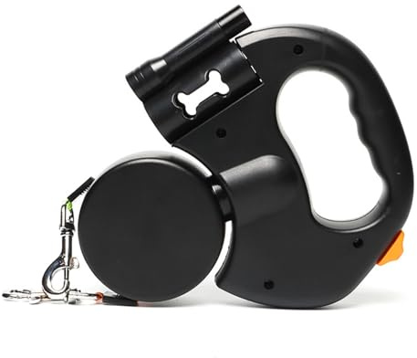 Indragbart Dubbelkoppel Med LED-Ljus for TVå Hundar, Trasselfritt Små Och Medelstora 360° Vridbart Kraftigt Nylonkoppel Kompatibelt Hundar Katter Husdjurstillbehör(BLACK)