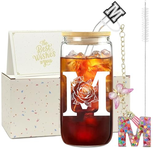 ZIOSINM A-Z Personalisierte Geschenke für Frauen – Glasbecher | Glasbecher mit Deckel & Strohhalm + Schlüsselanhänger Buchstabe, Geschenke für Frauen zum Valentinstag Geburtstag Weihnachten
