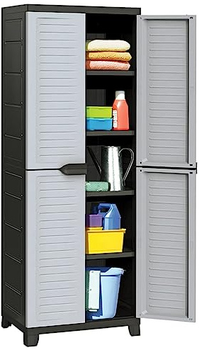 Augerlite Armario de plástico 65 x 45 x 181 cm, color gris con 2 puertas, 5 estantes ajustables, con cerradura, ideal como armario de almacenamiento para oficina, hogar, garaje, trastero y sótano