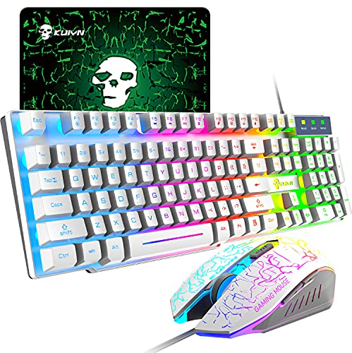 US Layout T6 Arc en Ciel Rétro-éclairé USB Gaming Clavier + 2400DPI 6 Boutons Optique Arc en Ciel LED USB Gaming Souris + Gaming Souris Pads, 104 Key Semi-Mechanical Kepcaps for Mac/Win(Blanc)