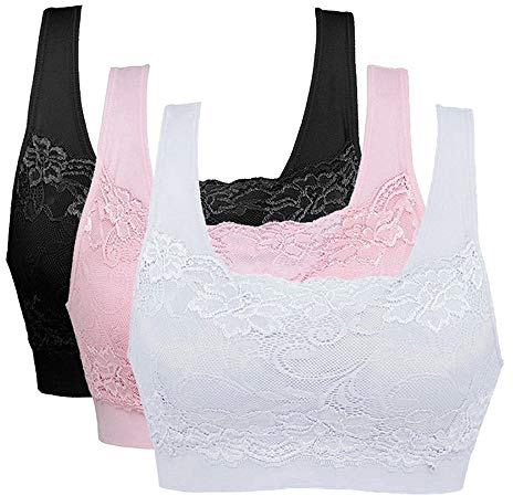 Vertvie Womens Strech Ohne Buegel Push up Yoga Sports BH Bra Top Set Fuer Fitnesstraining Polsterung 3er Pack (EU L/Tag XL, Schwarz+Rosa+Weiß)