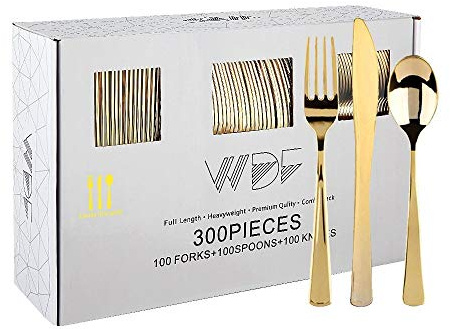 WDF300 Pieces Gold Plastic Silverware - Heavy Duty Disposable Cutlery Set Plastic Gold Silverware Set Includes 100 Forks, 100 Spoons, 100 Knives for Party Baby Shower Wedding Spring