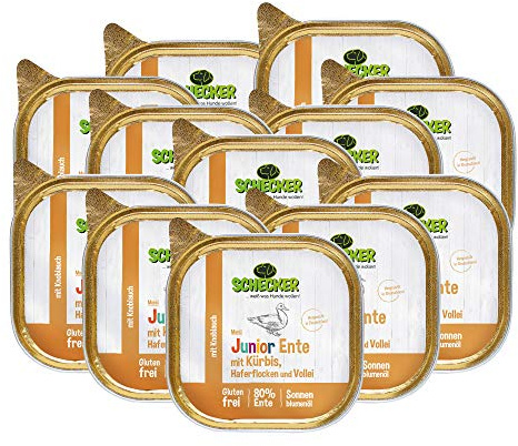 Schecker Nassfutter - Hundemenü Junior Ente mit Kürbis, Haferflocken und Vollei - 12 x 200 g - Welpenfutter - mit 80% Ente