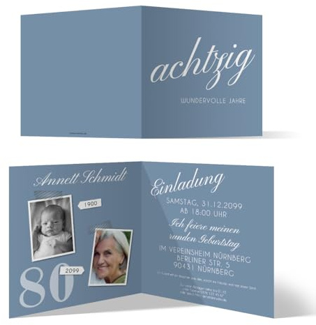 Runder 80. Geburtstag personalisierte Einladungskarten - achtzig wundervolle Jahre - Klappkarte, zwei Fotos, ab 10 Stück, dickes Papier