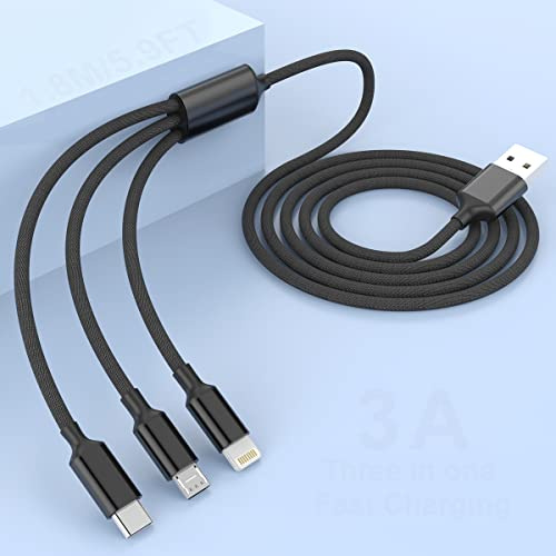 MTAKYI Multi Funktions Ladekabel iPhone, 1,8 m Nylon Geflochtenes 3 in 1 Multi USB Ladekabel, mit Lightning/Micro/USBC Anschluss, Kompatibel mit Verschiedenen Smart Phones und Tablets-Schwarz