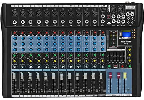 micfuns Studio Live Table de mixage 12 canaux DJ Console de mixage audio stéréo Bluetooth USB enregistrement ordinateur lecture vidéo alimentation fantôme USB numérique mixer amplificateur