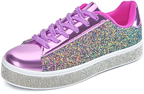 UUBARIS Women's Glitter Tennis Sneakers Neon Dressy Sparkly Sneakers Rhinestone Bling Wedding Bridal Shoes Shiny Sequin Shoes Purple Size 7