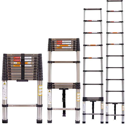 10.5Ft/3.2M Telescopic Folding Extension Stainless Steel Ladder, Straight Extendable Portable Attic Ladder, Foldable Ladder w/ EN131 Standard 11 Steps 150KG Capacity Loft Collapsible DIY Multipurpose