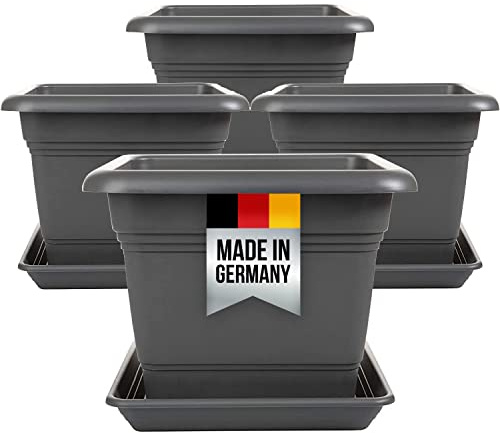 4er Set Blumentopf Gross mit Untersetzer 28x28 cm, Pflanzkübel GroÃŸ AuÃŸen, Pflanzentopf Pflanzkübel Kunststoff, Blumenkübel mit Ablauflöcher, Pflanztöpfe Blumentöpfe, anthrazit, Model: Jasper