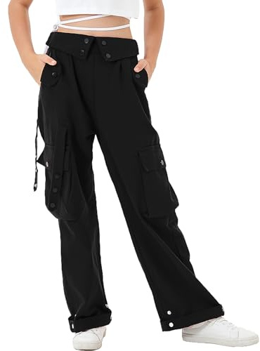 Rolanko Ragazze Pantaloni Cargo, Vita Alta Elastica con Tasche Multiple e Pantaloni a Gamba Larga per Bambini, Nero, Taglia:150