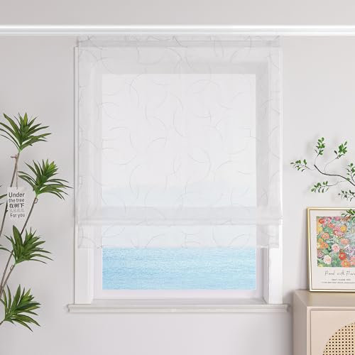ESLIR Raffrollo Weiß Raffgardine mit Klettband Voile Gardinen Küche Transparent Bändchenrollo Modern mit Stickerei in Kreis-Muster Grau BxH 80x140cm 1 Stück