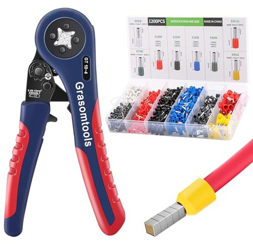 Grasomtools ® GT 10-4 Kit d'outils de sertissage de virole, pince à sertir (0,08-10 mm²), pince à sertir à quatre côtés et connecteurs de virole 1200 pièces