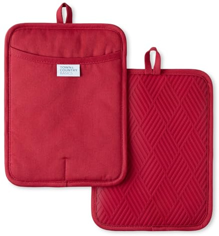 Town & Country Basics Basketweave Soft Silicone Pot Holder 2-Pack Set, Heat Resistant up to 500F, Flexible Silicone, Non-Slip Grip, Red, 7.5x10