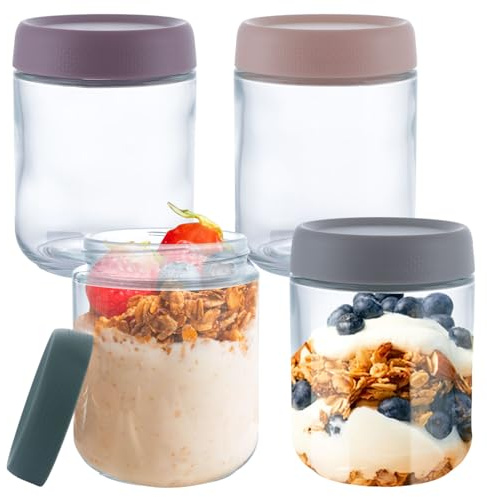 YOUNTHYE 4Pack Overnight Oats Jar, 500ml/16oz Glass Jars with Screw Top Lids, Reusable Overnight Oats Container for Yogurt Pot Oatmeal Salad Cereals Jam Pudding