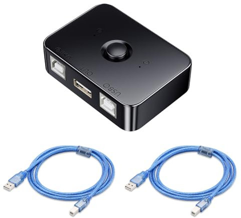 Conmutador de impresión USB 2.0, adaptador de conmutador de impresión USB, 2 puertos, con luz LED, incluye 2 cables de impresora USB 2.0 de 1,5 m, 2 ordenadores que comparten 1 impresora conmutador