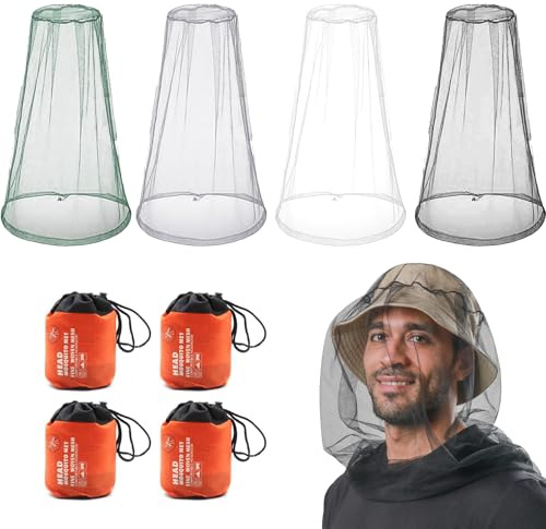 DKDDSSS 4 Stück Moskitonetz Kopf, Moskito Kopfnetz, Moskitonetz für Hut, Mosquito Kopfkescher, Kopfschutz Netz, Mückenschutz Kopfnetz, Mückennetz Hut, Mückenhut Mit Netz für Alle Hüte Head Net
