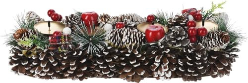 Bambelaa! Advent Wreath Artificial Oblong Advent Arrangement Wood Metal Gold with 4 Candle Holders Christmas Decoration Snow Effect Decorative Wreath for Advent Christmas Wreath Table Winter