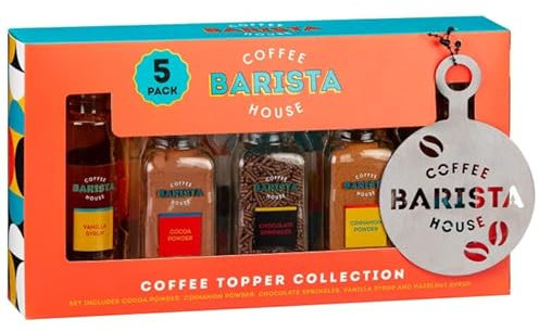 New 5pk Coffee Topping Gift Set Includes Vanilla Sugar,Cinnamon Powder,Chocolate Sprinkle,Cocoa Powder & Hazel Syrup Adds a Sprinkle Of Extra Flavour To An Already Delicious Coffee X-Mas Gift Set -A19