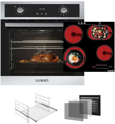 KB ELEMENTS Kit de cuisinière autonome - Four encastrable de 60 cm - Plaque à induction de 59 cm - 9 fonctions - Triple vitrage de protection thermique - Fonction rôtisserie - Fonction pizza - Classe