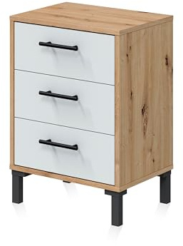 duehome | Mesita de Noche 3 cajones, Mesilla de Noche, Modelo Leia, Acabado en Blanco Artik y Roble Canadian Medidas: 40 cm (Largo) x 33 cm (Fondo) x 55 cm (Alto)