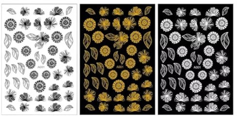 Black White Gold Leaf Flower Drawing Line Flame Stickers 3D Self Adhesive (Black)