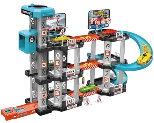 HoveeLuty Garage pour Voiture, 1 Ensemble de Garage pour Voiture à 3 Niveaux avec héliport, Rampe de Facile à Assembler avec Lanceur, Jouet développement interactif, Piste, Cadeaux po