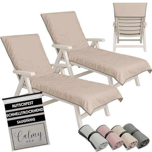 CalmySEA 2X Handtuch für Sonnenliege - 200x75cm mit Kapuze Microfaser Light Weight Schonbezug für Gartenliege Handtücher mit Umschlag Liegestuhl Bezug Strandliege (Beige, 2 Stück)