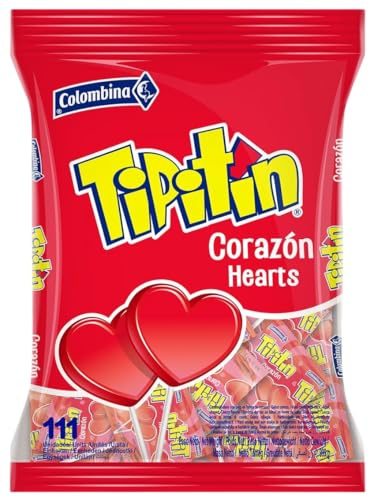 Piruletas Corazón Tipitin Sabor Cereza | Bolsa de 111 Unidades | Caramelo Duro con Palo Sin Gluten ni Alérgenos | Ideal para San Valentin y Cumpleaños