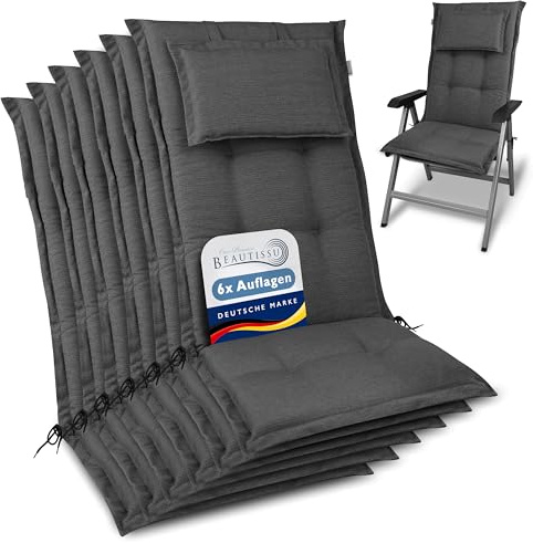 Beautissu 6er Set Premium Gartenstuhlauflage Hochlehner 120x50x7cm Dicke Polster Gartenstuhlauflage Hochlehner Auflagen Made in EU - Robuster Stoff & UV-Lichtechtheit HighLux HL Sitzkissen Anthrazit
