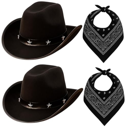 Cowboy-Verkleidungsset – Schwarze Cowboyhüte mit Sternen, 2 Stück mit 2 schwarzen Bandanas – Western-Kostüm für Junggesellinnenabschiede, Junggesellenabschiede, Halloween & Themen-Events