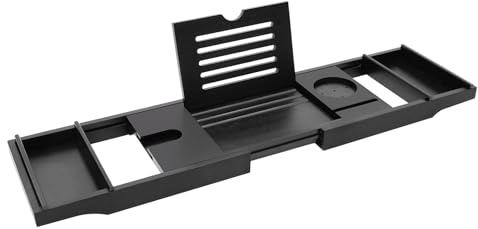 Bandeja expandible para bañera de bambú (capacidad de carga de 5-10 kg) – Organizador de baño para bebidas, teléfonos móviles, libros, toallas y champú, color negro, diseño resistente al agua
