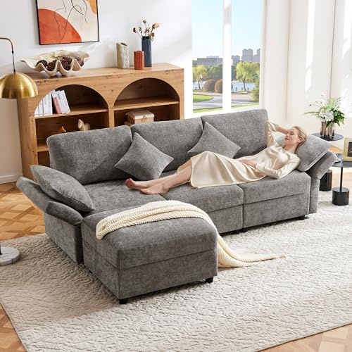 Divano letto convertibile a 3 posti, divano ad angolo a L con poggiapiedi, 4 cuscini, braccioli regolabili, comodo tessuto ciniglia, adatto per soggiorno, ufficio, appartamento (grigio)