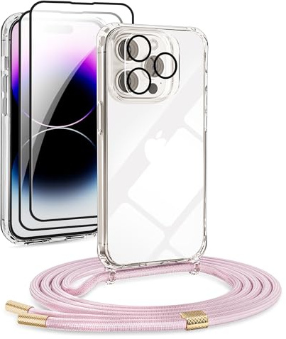 [5 in 1] 1*Handykette Set für iPhone 13 Pro 6.1 Hülle mit Band + 1*Transparent Schutzhülle+2*Schutzfolie+1*kameraschutz Glas, Abnehmbar Necklace Stylische Handyhülle zum Umhängen Kordel (Roségold)