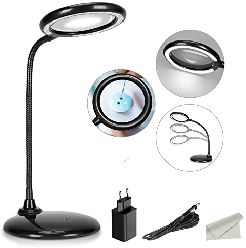 LED Magnifying Lamp, ZHSX Large Hands Free Magnifying Glass with Light and Stand for Reading Hobbies Artist Craft - Black