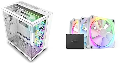 Bundle mit NZXT H9 Elite PC Gaming Gehäuse - Airflow Mesh Front - Extra GPU Lüfter - USB C & NZXT F120 RGB Dreierpackung – 3x120 mm RGB-Lüfter – 18 LEDs – Halbtransparente Lüfterblätter – Weiß